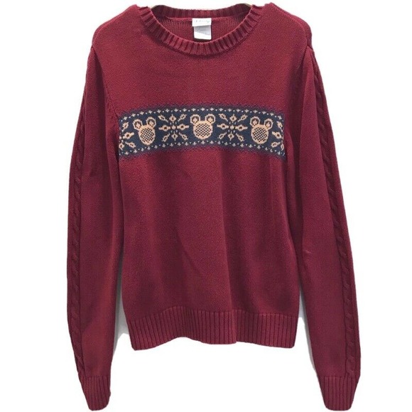 Disney Store Mens Sweater Burgundy Mickey Mouse Head Cable Knit Sleeves Vtg S - Picture 1 of 10